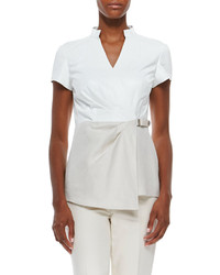 Lafayette 148 New York Short Sleeve Linen And Leather Blouse