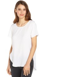 RD Style White Woven Hi Low Mesh Accent Short Sleeve Blouse