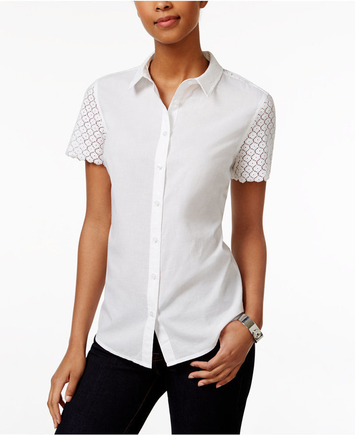 White Eyelet Button Down Shirt For Women - Shoreline Wear, Inc.