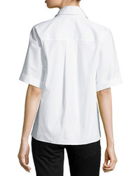 Halston Heritage Oversized Short Sleeve Button Front Blouse White