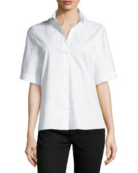 Halston Heritage Oversized Short Sleeve Button Front Blouse White