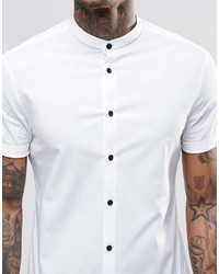 Asos Brand Skinny Shirt In White With Grandad Collar And Contrast Buttons In Short Sleeves