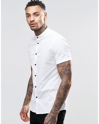 Asos Brand Skinny Shirt In White With Grandad Collar And Contrast Buttons In Short Sleeves