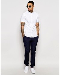Asos Brand Skinny Shirt In White With Grandad Collar And Short Sleeves