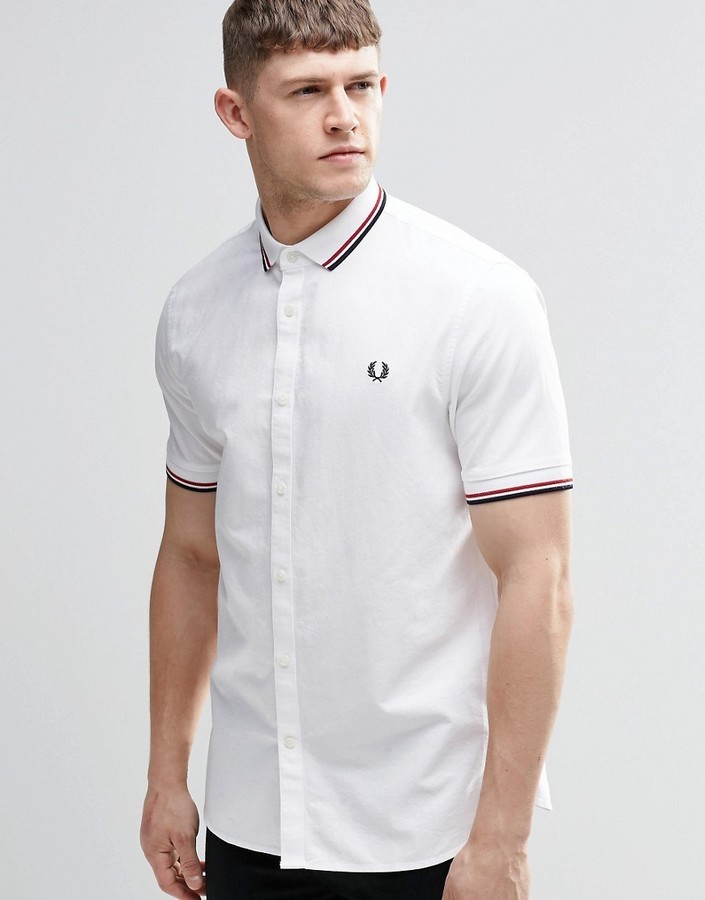 Fred Perry Shirt In Slim Fit With Knit Collar In White Short