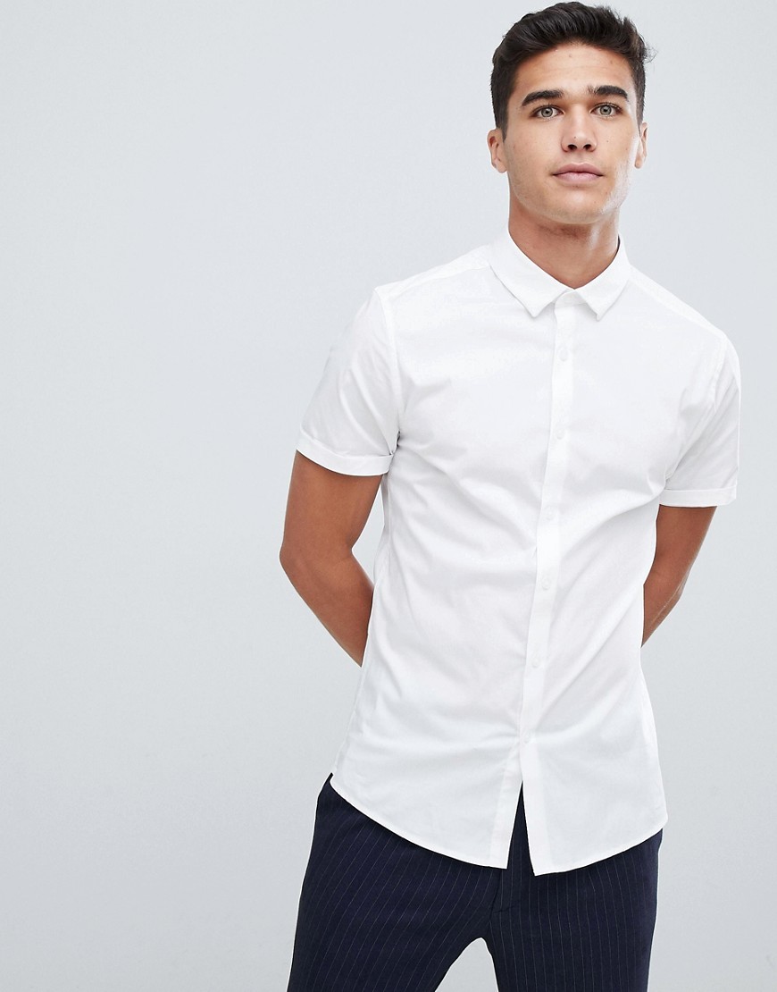 ASOS DESIGN Skinny Shirt In White With Short Sleeves, $14 | Asos ...