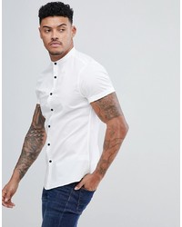ASOS DESIGN Slim Shirt With Grandad Collar In White With Contrast Buttons