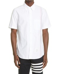 Thom Browne Stripe Straight Fit Short Sleeve Cotton Oxford Shirt In White At Nordstrom