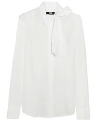 Karl Lagerfeld Pussy Bow Silk Crepe De Chine Blouse White