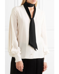 Lanvin Pussy Bow Two Tone Silk Crepe De Chine Blouse Ivory