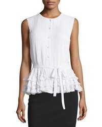 Escada Sleeveless Button Front Belted Blouse Ivory