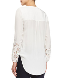 Veronica Beard Alma Long Sleeve Embroidered Silk Blouse Off White