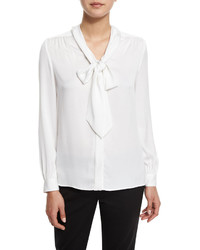 Milly Tie Neck Silk Blend Button Front Blouse White