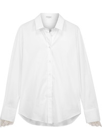 Brunello Cucinelli Lace Trimmed Stretch Cotton Blend Poplin Shirt