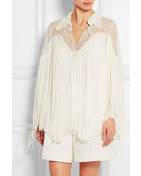 Chloé Lace Paneled Crinkled Silk Georgette Blouse