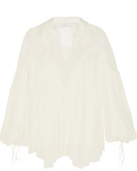 Chloé Lace Paneled Crinkled Silk Georgette Blouse