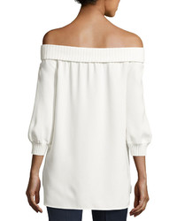 Lafayette 148 New York Marlo Silk Off The Shoulder Blouse W Ribbed Trim