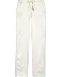 I.D. Sarrieri Chiffon Trimmed Stretch Silk Satin Pajama Pants Ivory