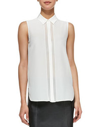 Vince Sheer Stripe Sleeveless Silk Blouse White