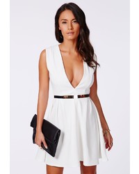 Missguided Gale Ribbed Box Pleat Skater Dress White