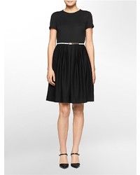 Calvin Klein Perforated Belted Short Sleeve Fit Flare Dress