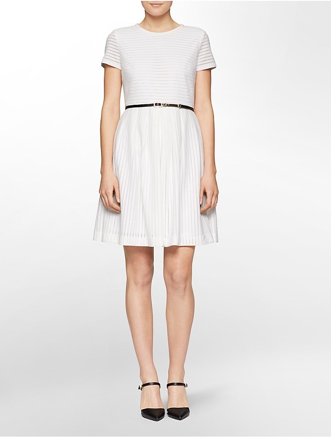 Calvin Klein Perforated Belted Short Sleeve Fit Flare Dress, $149 | Calvin  Klein | Lookastic