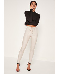 Missguided White Highwaisted Coated Lace Up Front Skinny Jeans