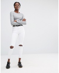 Asos Ridley High Waist Skinny Jeans In White With Busted Knee Rips