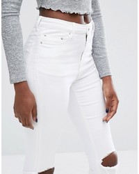 Asos Ridley High Waist Skinny Jeans In White With Busted Knee Rips