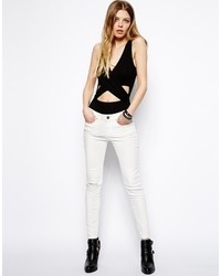 Asos Whitby Low Rise Skinny Ankle Grazer Jeans In White With Ripped Knee White
