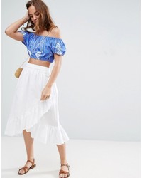 Asos Wrap Midi Skirt In Cotton With Ruffle Hem