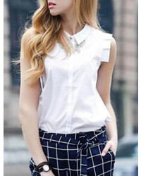 Lapel Sleeveless With Buttons White Blouse