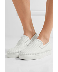 Christian Louboutin Pik Boat Spiked Textured Leather Slip On Sneakers White