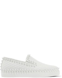 Christian Louboutin Pik Boat Spiked Textured Leather Slip On Sneakers White