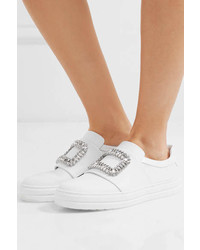 Roger Vivier Sneaky Viv Crystal Embellished Leather Slip On Sneakers White