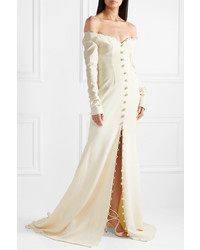 Danielle Frankel Off The Shoulder Pearl Embellished Silk Crepe Gown
