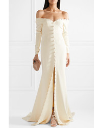 Danielle Frankel Off The Shoulder Pearl Embellished Silk Crepe Gown