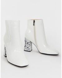 Public Desire Vesper White Ankle Boots With Square Toe And Snake Heel