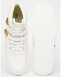 Asos Brand Mid Top Sneakers In White With Gold Clasps