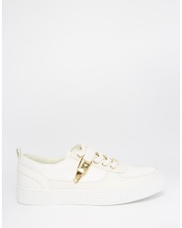 Asos Brand Lace Up Sneakers In White With Gold Clasps