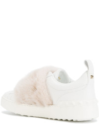 Valentino White Pink Fur Open Rockstud Sneakers