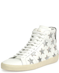 Saint Laurent Leather High Top Sneaker With Metallic Stars White