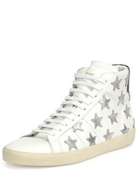 Saint Laurent Leather High Top Sneaker With Metallic Stars White