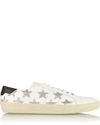 Saint Laurent Star Appliqud Leather Sneakers White