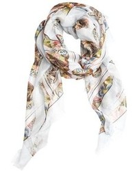Alexander McQueen White And Multi Colored Logo Printed Silk Blend Scarf
