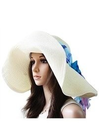 Luxury Lane White Floppy Paper Straw Sun Hat With Removable Blue Scarf