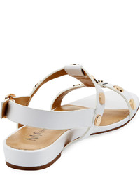 Neiman Marcus Bela Studded Strappy Flat Sandal White