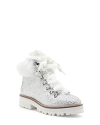 White Studded Leather Lace-up Flat Boots
