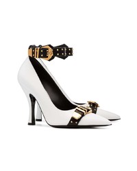 Versace White Black And Gold Metallic Studded Strap Leather Pumps