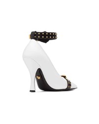 Versace White Black And Gold Metallic Studded Strap Leather Pumps